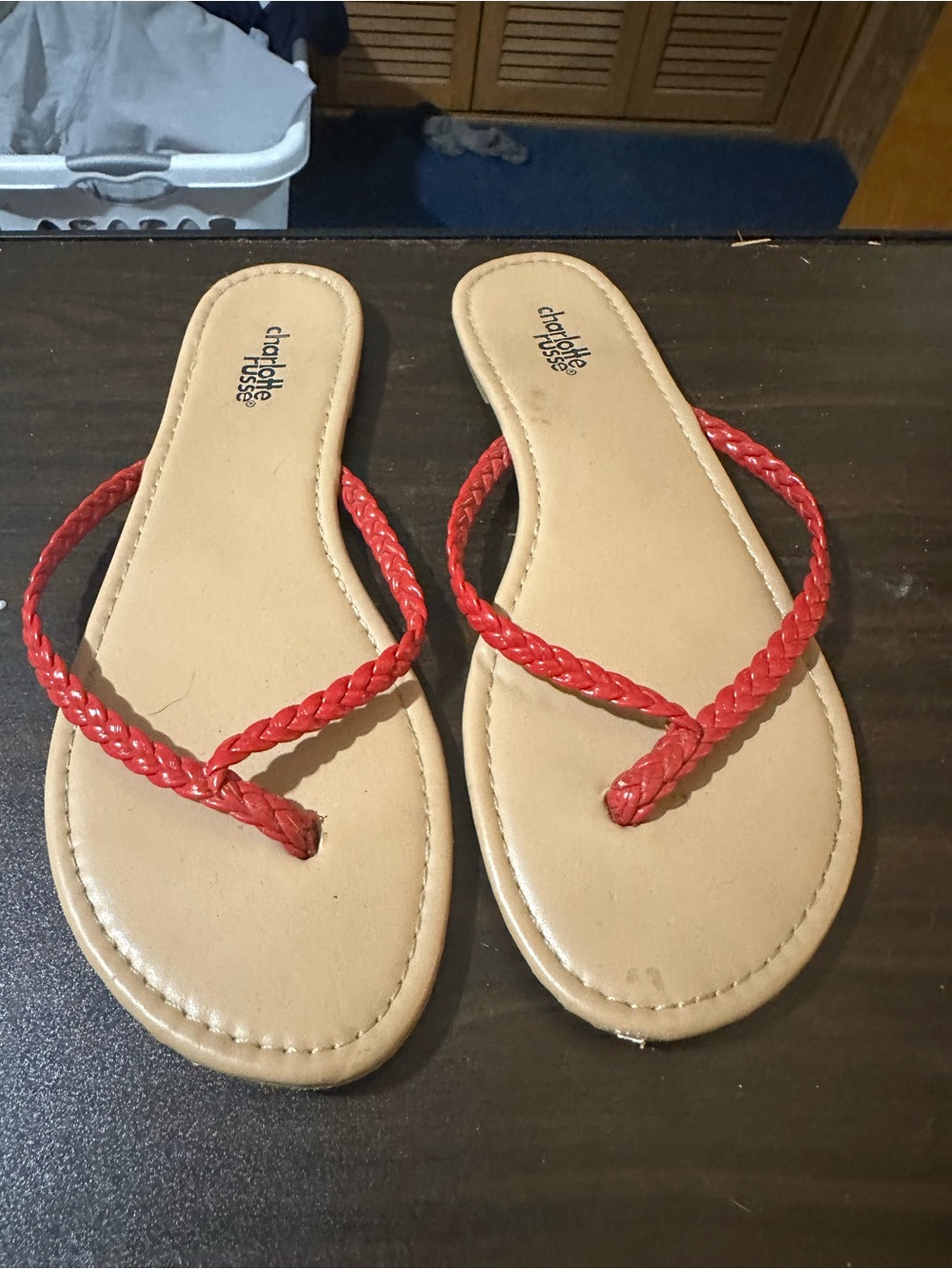 Charlotte Russe Red Braided Thong Sandals with Neutral Footbed